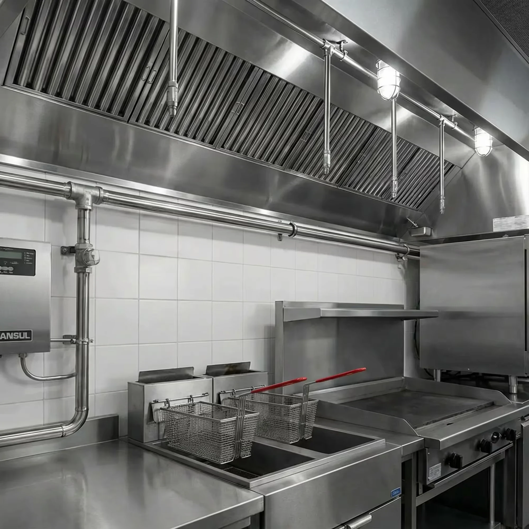 Fire suppression equipment above a commercial kitchen cooking line